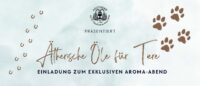 Banner für den Aroma-Abend in der Apotheke zur hl. Elisabeth in Wien-Mitte mit dem Thema ätherische Öle für Tiere, dekoriert mit Pfotenabdrücken und Hufeisen-Symbolen.