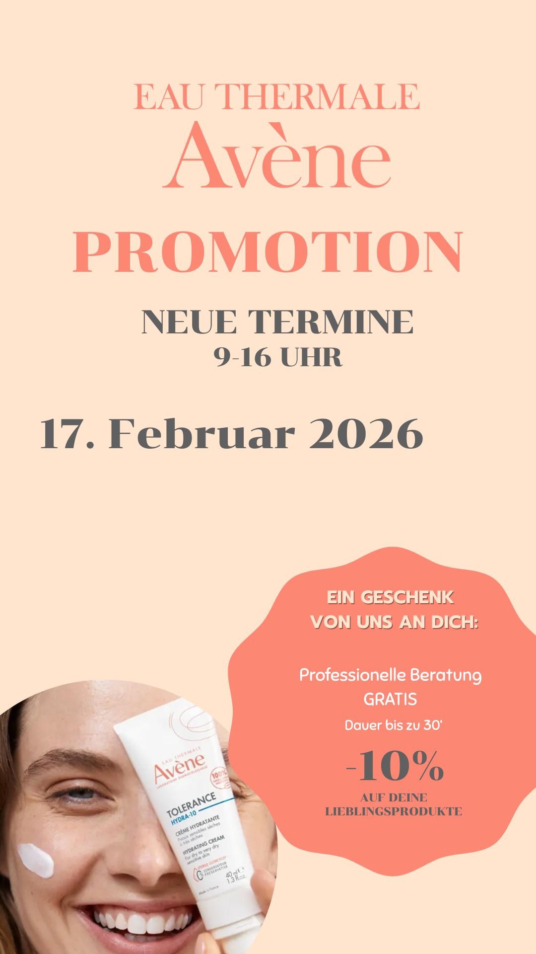 Avene Promo am 17. Februar 2026 in der Apotheke zur hl. Elisabeth in Wien Mitte. Jetzt Termin buchen.