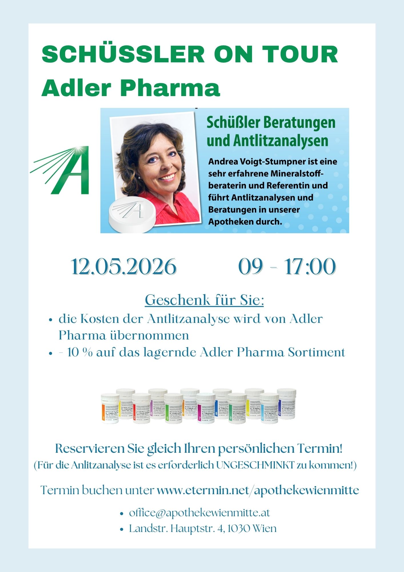 Flyer für die Veranstaltung Schüßler on Tour von Adler Pharma in der Apotheke zur hl. Elisabeth mit Informationen zu Antlitzanalysen und Mineralstoffberatung.