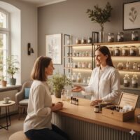 Eine lächelnde Apothekerin im weißen Kittel berät eine Kundin an einem Holztresen. Im Hintergrund befinden sich Regale mit Apothekergläsern in einem hellen Raum in warmen Grau- und Brauntönen.