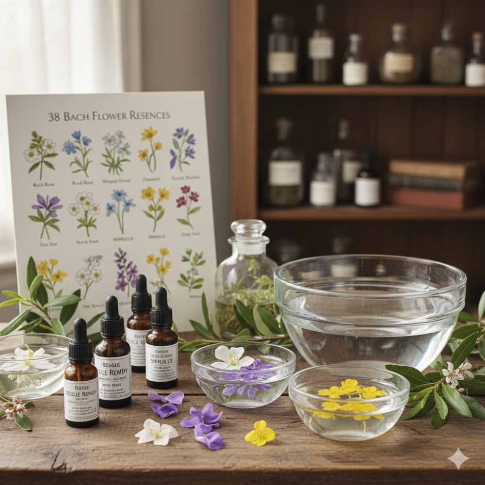 Bachblüten-Therapie mit Pipettenfläschchen, Glasschalen mit Blüten in Wasser und einer illustrierten Übersichtstafel der 38 Bachblüten auf einem Holztisch