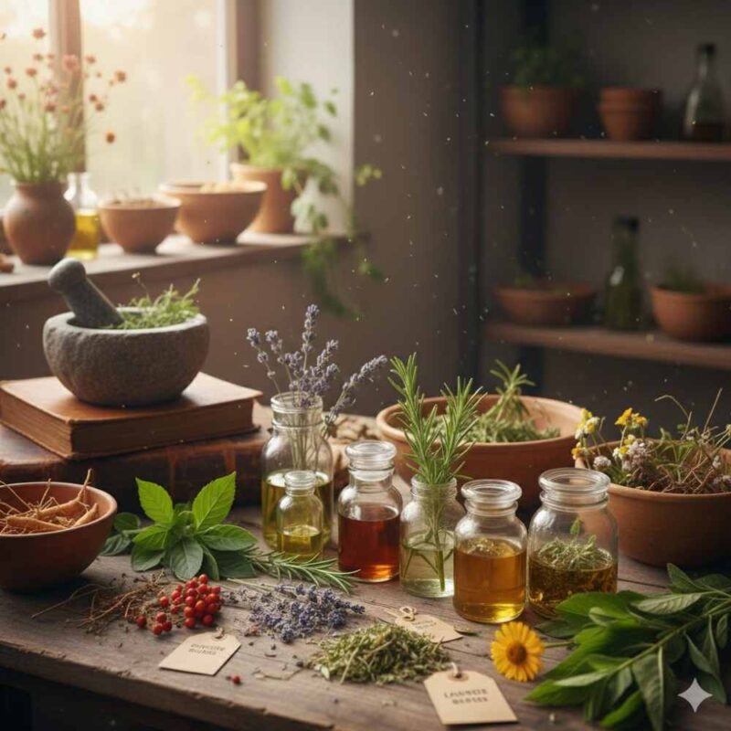 Verschiedene Heilkräuter wie Lavendel und Rosmarin neben Apothekergläsern mit Tinkturen und einem Mörser auf einem Holztisch in der Apotheke zur hl. Elisabeth.