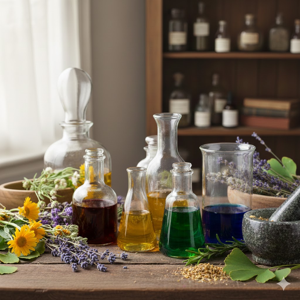 Verschiedene farbige spagyrische Essenzen in Glaskolben und Laborgefäßen auf einem Holztisch, umgeben von frischen Heilkräutern wie Lavendel und Ginkgo sowie einem Mörser.
