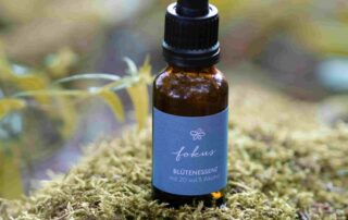 Waldviertler Bachblütenmischung Fokus Flasche von „Blütenwald“ natürlichem Waldboden mit Moos und Stein.