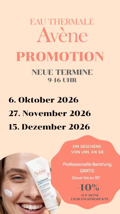 Flyer zu Avene Promo am 6.10, 27.11 und 15.12 in der Apotheke zur hl. Elisabeth in Wien Mitte - es wird Hautanalyse und Beratung geboten und man spart 10% auf Avene Produkte.