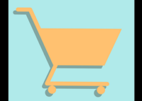 Ein orangener Einkausfwagen auf blauem Hintergrund als Symbolbild für den neuen Webshop der Apotheke zur hl. Elisabeth in Wien Mitte.