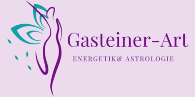 Logo Gasteiner Art in violetter Schrift und blaßviolettem Hintergrund und einer Fee auf der Seite.