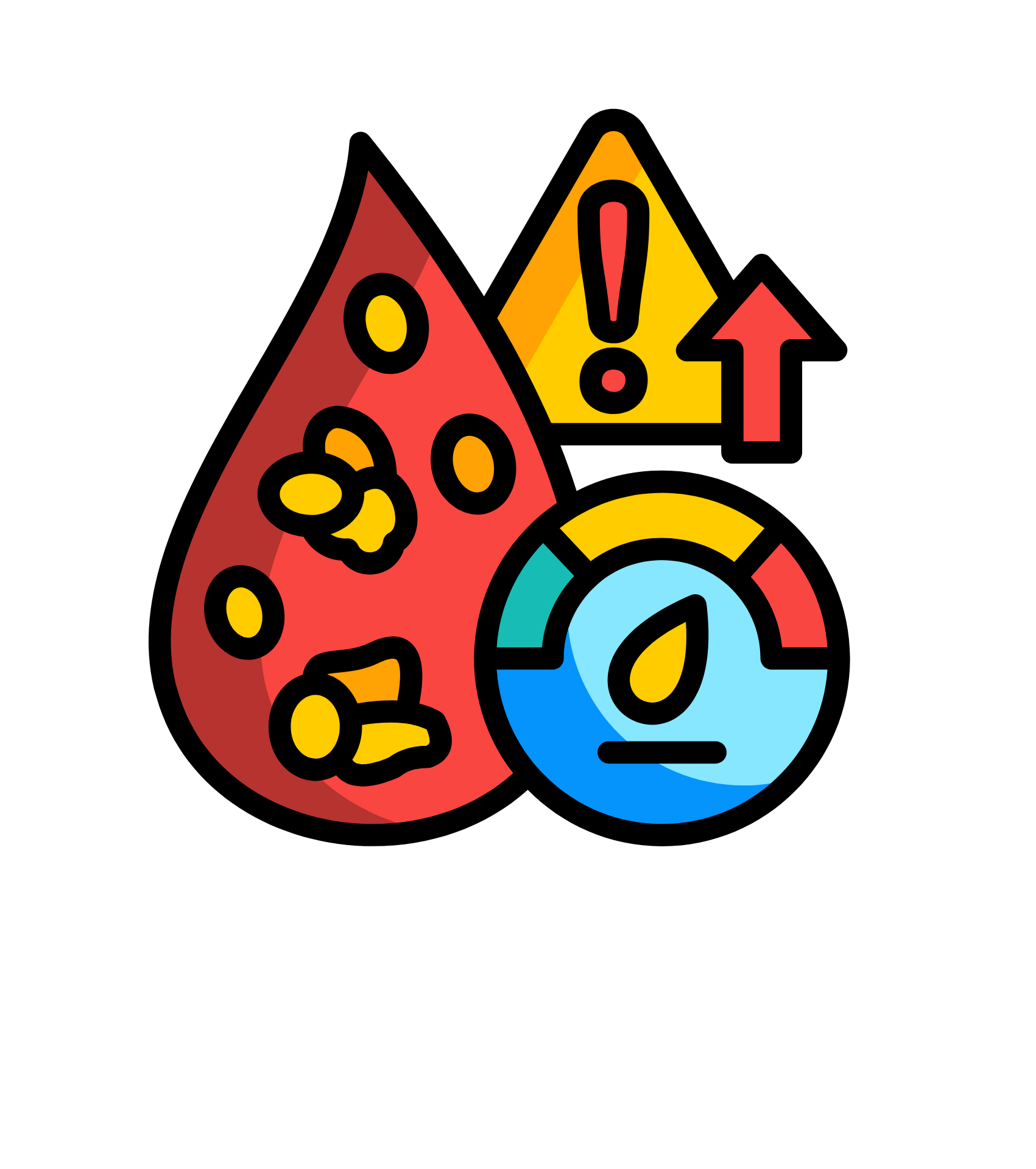 Grafik mit rotem Blutstropfen, gelben Cholesterinpartikeln, Warnsymbol und Messanzeige – Symbol für Cholesterinmessung und Gesundheitsvorsorge.