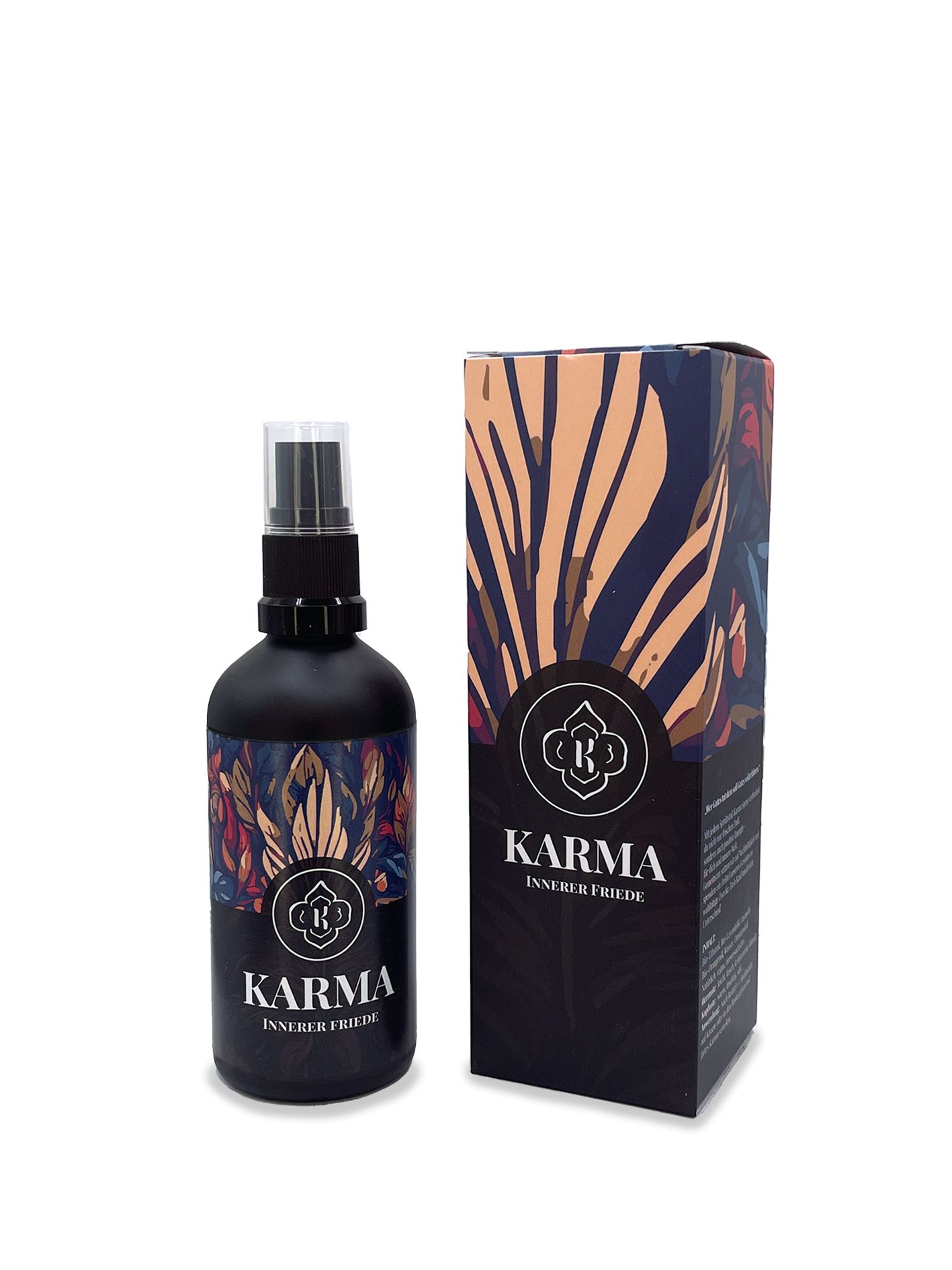 Schwarze Sprühflasche und Box mit einem Muster aus beruhigenden blauen, violetten und orangefarbenen Blättern. Das Etikett zeigt „KARMA INNERER FRIEDE“ und das Mykarma-Logo.